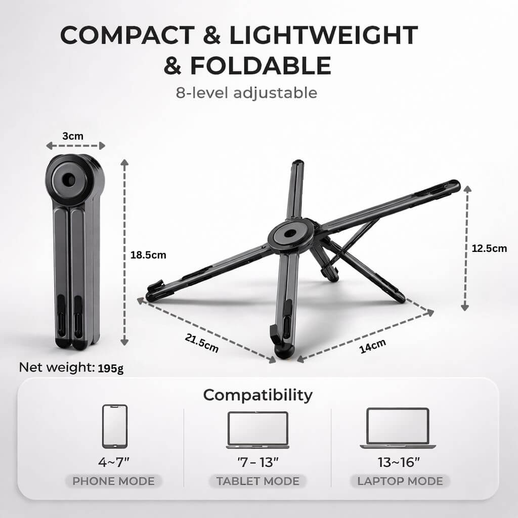 Zen-Z MagSafe Adjustable Laptop Stand – Foldable Aluminum Desk Riser for MacBook, iPad & iPhone